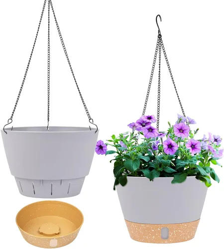 Miniatura 11 de QCQHDU Paquete de 2 macetas colgantes de 10 pulgadas para plantas de interior y exterior, cestas colgantes macetas de flores con bandeja de depósito