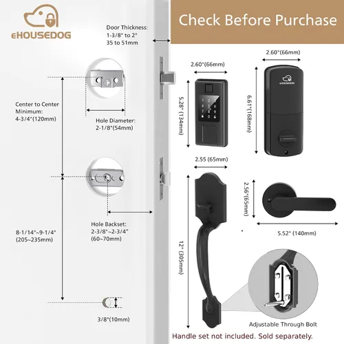 Miniatura 9 de EHD-SF01, cerradura inteligente de huellas dactilares, cerradura de puerta de entrada sin llave, cerradura de teclado con pantalla táctil, cerradura