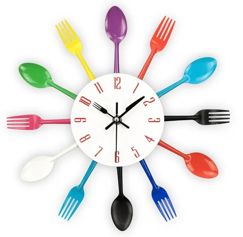 Miniatura 11 de Timelike Reloj de pared de cocina, 3D extraíble, moderno, creativo, cubiertos, cuchara, tenedor, reloj de pared, espejo, calcomanía de pared, Blanco