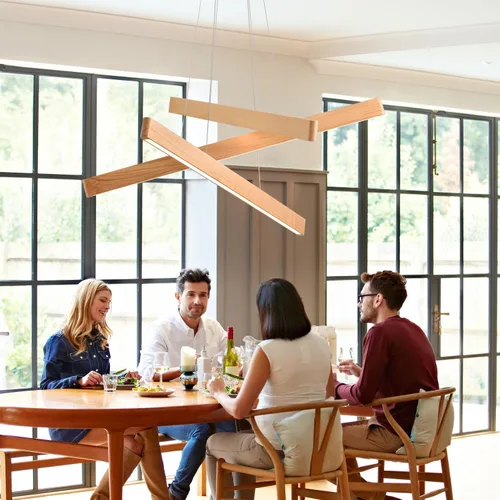 Miniatura 5 de Lámpara colgante lineal natural de madera maciza de 3 luces, moderna lámpara colgante LED regulable, candelabro para mesa de comedor, isla