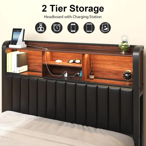 Miniatura 7 de LOEWAY Marco de Cama Full de 54.3 pulgadas de alto con cabecera de almacenamiento de 3 niveles y piel sintética, marco de cama de plataforma