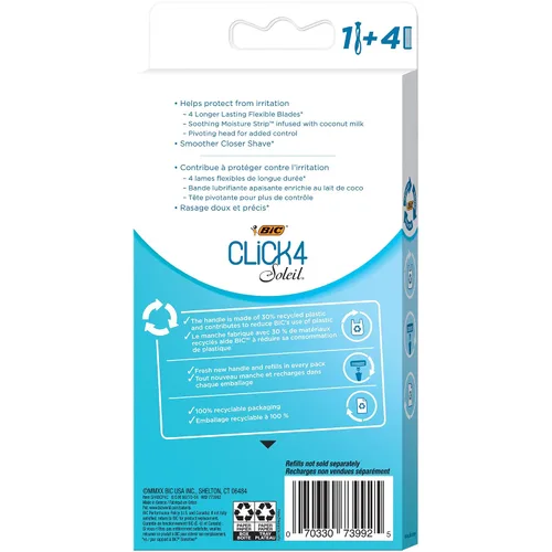 Miniatura 3 de BIC Soleil Bella Click - Maquinilla de afeitar desechable de 4 hojas para mujer, 1 mango y 4 cartuchos