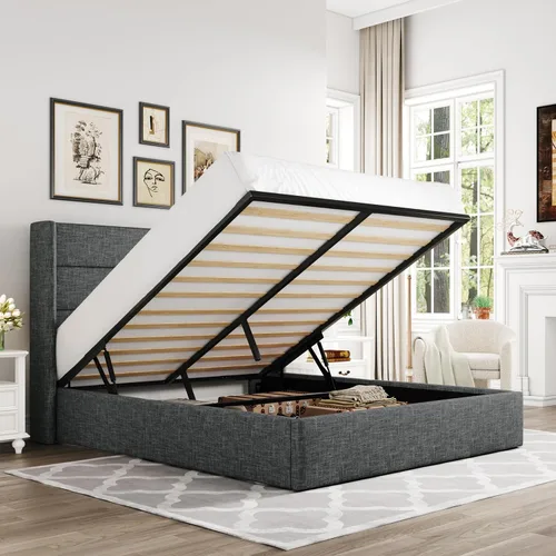 Miniatura 32 de Allewie Cama de Almacenamiento Elevable Tamaño Completo, Cabecero Capitonado con Botones con Respaldo de Ala, Soporte Hidráulico, No Necesita Gris