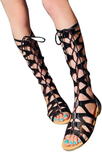 Miniatura 4 de Aniywn Sandalias para mujer, sandalias de gladiador altas hasta el muslo, sandalias planas con cordones y puntera abierta, sandalias con tiras hasta
