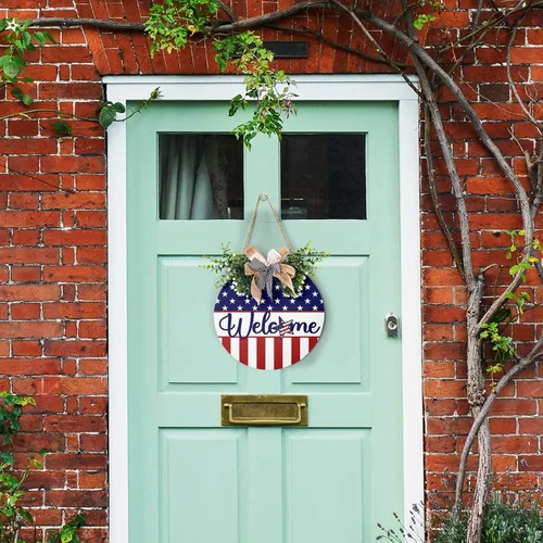 Miniatura 6 de Harooni Letrero de puerta del Día de los Caídos del 4 de julio, 12 x 12 pulgadas, colgante de puerta de madera patriótica americana, corona del Día