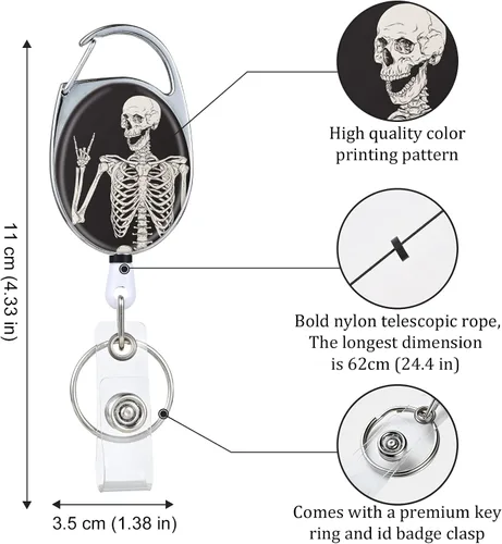 Miniatura 4 de Carretes de Insignia Retractables de Hueso - Soportes de Impresión de Color Doble Cara con Llavero, Clip y Anillo para Llaves - Cuerda de Nylon