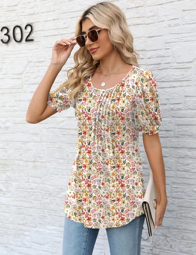 Miniatura 3 de LOMON Blusa de manga larga y corta para mujer, plisada, cuello redondo, estilo casual, holgada, para otoño