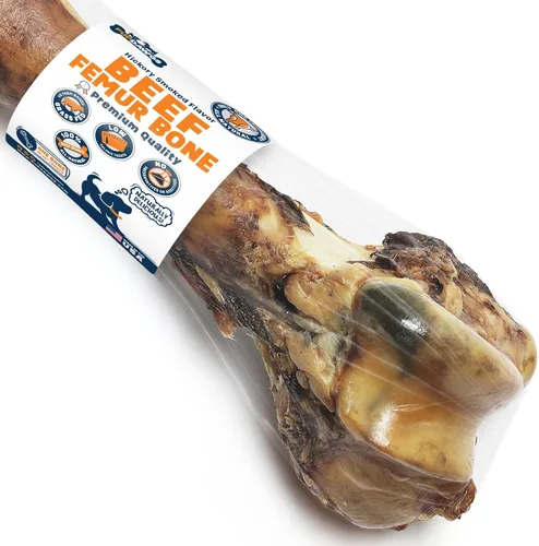 Huesos de perro para masticadores agresivos | Hueso de fémur de carne de res con sabor ahumado de nogal de 12 a 14 pulgadas | Golosinas de hueso de