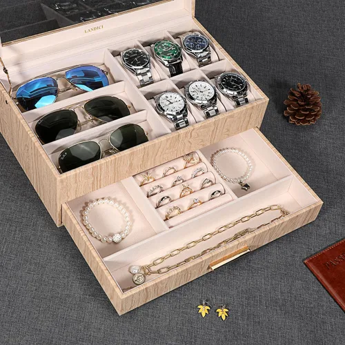 Miniatura 2 de LANDICI Caja de reloj para hombres y mujeres, 2 capas de piel sintética, organizador de relojes, caja de almacenamiento grande, caja de joyería