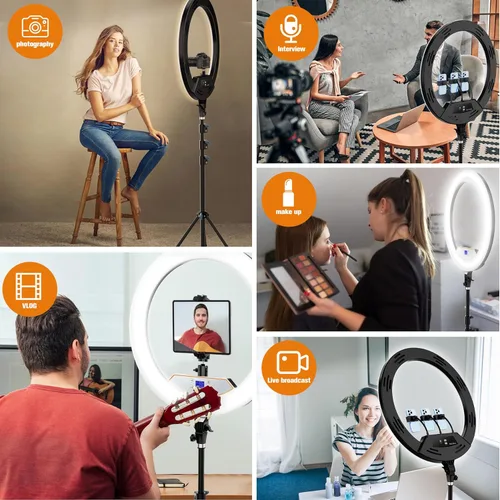 Miniatura 4 de Anillo de luz de 22 pulgadas con soporte, trípode de luz de anillo para iPhone iPad, con trípode de 75 pulgadas, pantalla LCD, 4 clips para iPad, 2