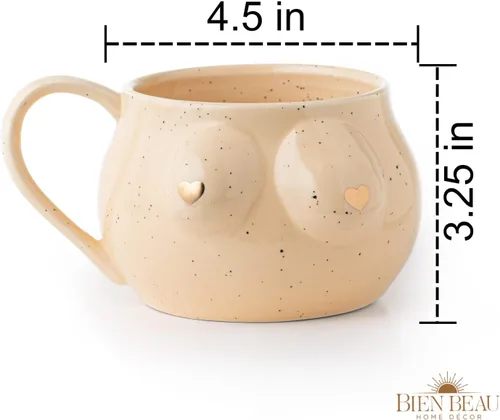 Miniatura 4 de BIEN BEAU Taza de cerámica moteada con forma de mujer con puntas de corazón doradas, regalo de elefante blanco, divertida taza grande para tetas