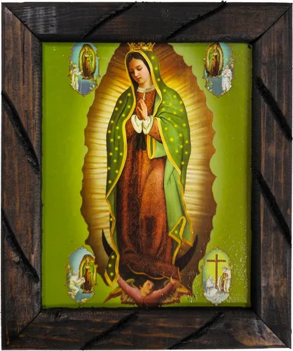 Mrcjsales: imagen de Nuestra Señora de Guadalupe con imágenes en la esquina en marco rústico, pintura al óleo, 24 x 36 pulgadas, 13 x 18 pulgadas,