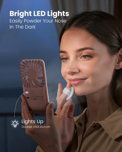 Miniatura 6 de Gaiatop Ventilador de mano portátil, espejo de maquillaje LED de 3 velocidades con luz, soporte plegable para escritorio, mini ventiladores Rosa