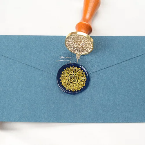 Miniatura 3 de Sello de cera con empuñadura de flor de mandala de 1.496 pulgadas, 1.575 pulgadas, con empuñadura, para invitación de boda, sellado de tarjetas