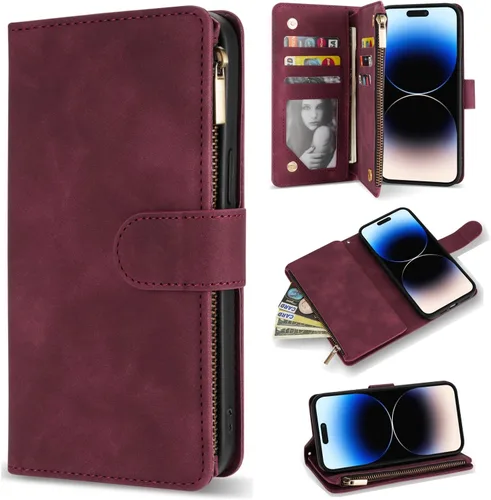 Miniatura 22 de ZZXX Funda tipo cartera para iPhone 14 Plus con [Bloqueo RFID] Ranura para tarjetas Cuero PU suave premium con cremallera tipo folio plegable