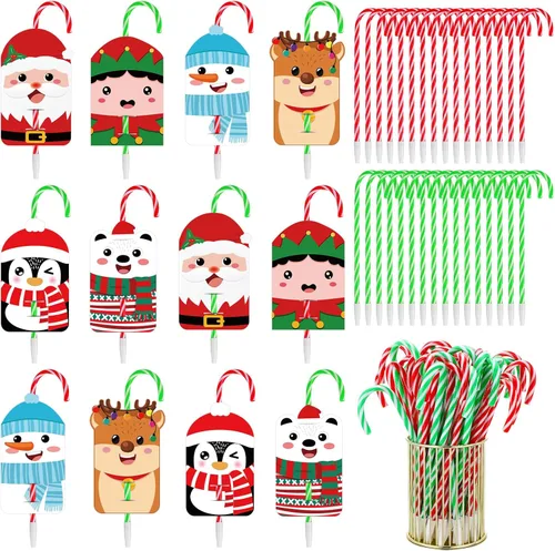 Zhanmai Juego de 144 Bolígrafos de Navidad Incluye 72 Bolígrafos de Bastón de Caramelo de Navidad 72 Bolígrafos de Punta de Bola Negros de Navidad
