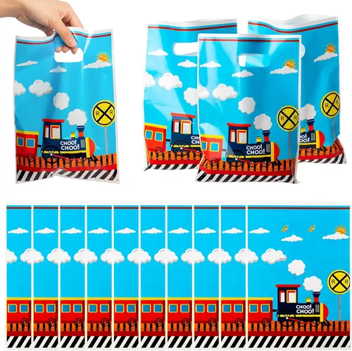 3sscha 50 bolsas de regalo de tren para fiesta, con temática de transporte, impermeable, con asas troqueladas, tráfico ferroviario, plástico