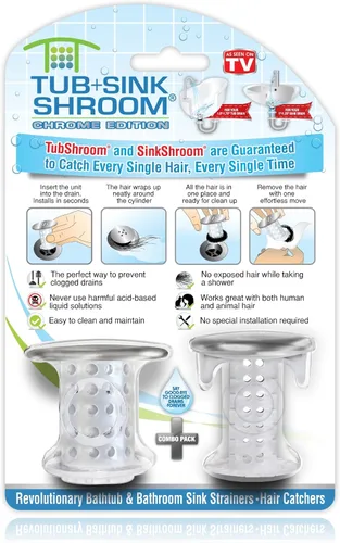 Miniatura 2 de TubShroom and SinkShroom - Protectores de drenaje para bañeras y fregaderos, recolector de pelo cromado y de tina, paquete de 2, cromado, protector