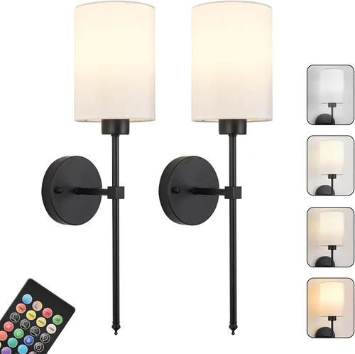 Juego de Dos Apliques de Pared a Batería, Luz de Pared Inalámbrica Recargable con Control Remoto, Regulable, Luz Ámbar/Blanco Cálido/Blanco Negro