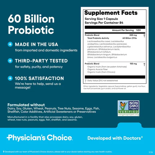 Miniatura 6 de Physician's CHOICE Probióticos 60 mil millones de UFC – 10 cepas + prebióticos orgánicos – Salud inmunológica, digestiva e intestinal – Apoya