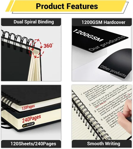 Miniatura 5 de EUSOAR Cuadernos para el trabajo, 1 paquete A4 de 8.3 x 11.2 pulgadas, tapa dura, rayado en espiral con renglones universitarios, 240 páginas