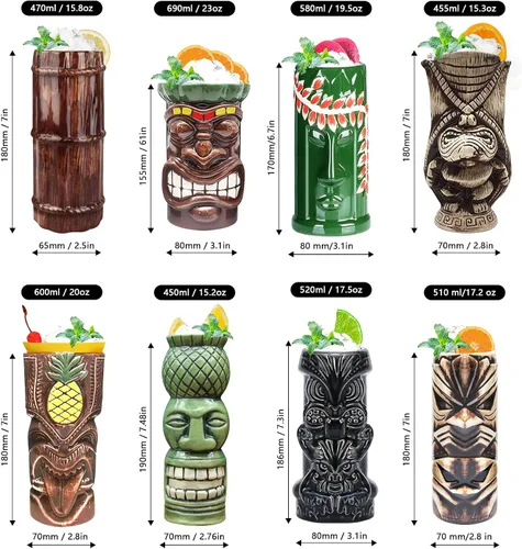 Miniatura 2 de LINALL Tiki Mugs - Juego de 8 tazas de cóctel de cerámica hawaiana Luau para fiesta, vasos de cóctel exóticos, Tiki Bar profesional hawaiano