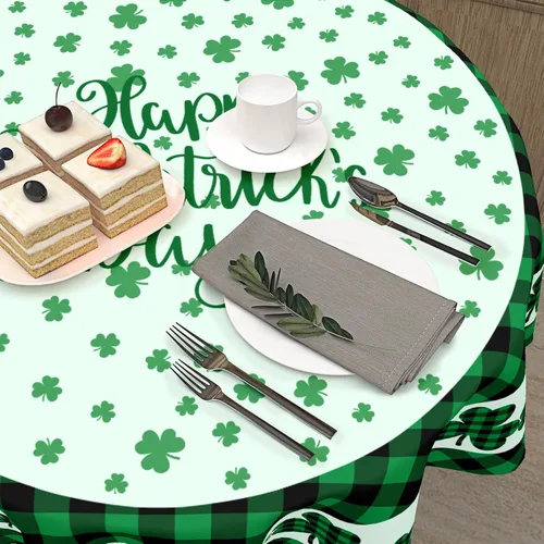 Miniatura 6 de Mantel redondo del Día de San Patricio de 60 pulgadas, diseño de trébol verde, a cuadros, lavable, para cocina, mesa de comedor, fiesta, picnic