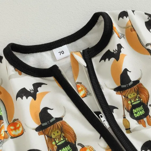 Miniatura 4 de Wrrkayly Ropa de Halloween para bebés niños y niñas, recién nacidos, manga larga, con capucha, mameluco de calabaza, fantasma, con cremallera