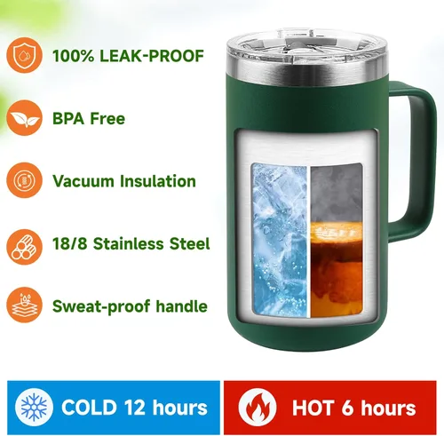 Miniatura 3 de Taza de café aislada de 22 onzas con asa y tapa a prueba de fugas, vaso de viaje de acero inoxidable de doble pared para viajes, oficina, hogar
