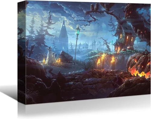 Miniatura 15 de YONICA Lienzo decorativo de Halloween para pared de sala de estar, decoración del hogar, árbol de Halloween y luna llena sobre lienzo, obra de arte