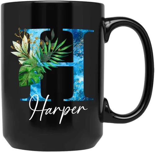 Miniatura 9 de Taza personalizada con nombre inicial, taza con monograma personalizado, 11 y 15 onzas, cerámica negra