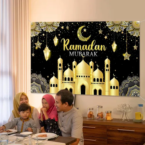 Miniatura 6 de Boyiee Decoración de Ramadán Mubarak, telón de fondo musulmán Ramadán Kareem, letrero de Eid Mubarak, fondo de cabina de fotos para el hogar, Negro