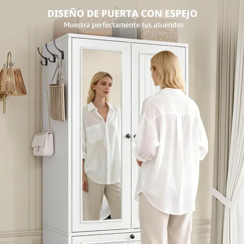 Miniatura 4 de Einhomn Armario de madera de 70 pulgadas con puertas y espejo, armario de madera con cajones y 3 ganchos laterales, gran armario independiente