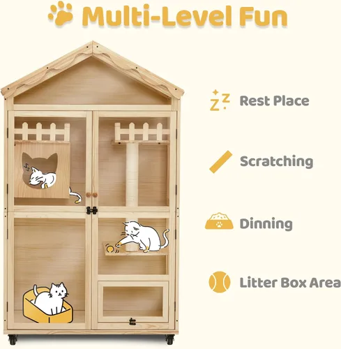 Miniatura 4 de MCombo Casa de madera para gatos de interior, condominio para gatos con entrada, jaula de gatito Catio con puertas y ruedas bloqueables, CT291