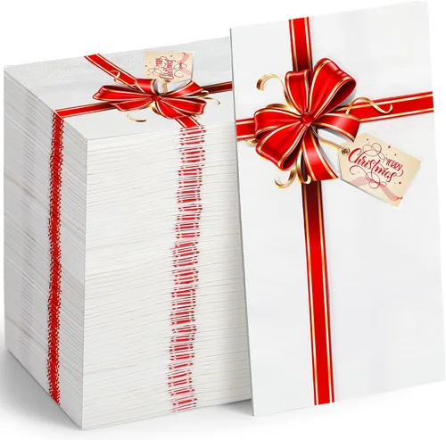 100 Piezas Servilletas de Papel de Navidad Caja de Regalo con Lazo 4.33 x 7.87 Pulgadas Toallas de Invitados de Navidad Desechables con Nudo de Lazo