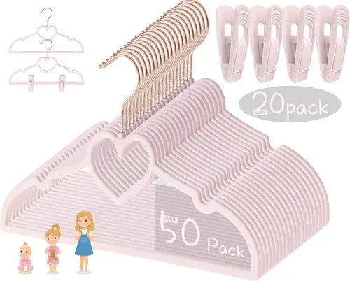 Miniatura 9 de Perchas de terciopelo beige con forma de corazón, paquete de 50 perchas para niños pequeños de 13 pulgadas con 20 clips, ultra delgadas y apilables