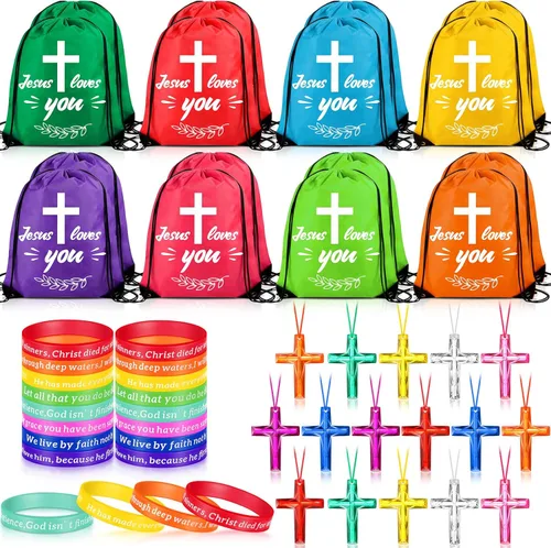 48 piezas de recuerdos de fiesta con versículos de la Biblia, incluye 16 mochilas con cordón de Jesús te ama, 16 pulseras de versículos de la