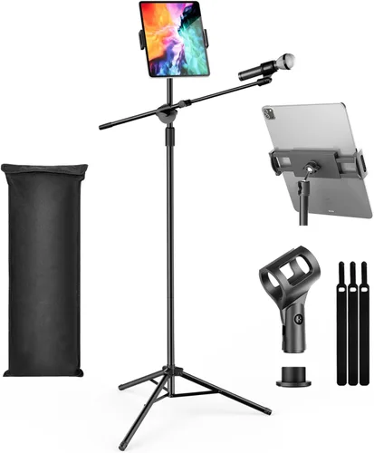 Soporte de Micrófono Boom, Soporte de Micrófono de Piso con Soporte para Tableta y Teléfono, Trípode de Servicio Pesado Ajustable en Altura y Ángulo