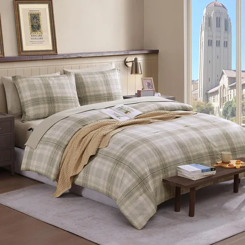Miniatura 12 de AMBERSPACE Juego de edredón tamaño matrimonial, juego de ropa de cama a cuadros azul gris de 7 piezas para niños, niñas y adolescentes, juego