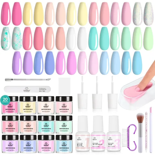 Beetles - Kit de iniciación de uñas en polvo de inmersión, 20 colores, pastel, nude, azul, rosa, purpurina, 36 piezas, juego de polvos de inmersión