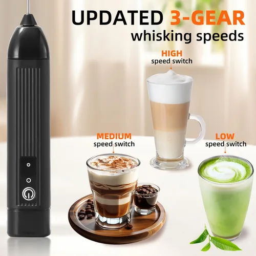 Miniatura 5 de Espumador de leche recargable de mano, mezclador de café eléctrico de 3 velocidades con batidor de acero inoxidable para chocolate caliente, huevos