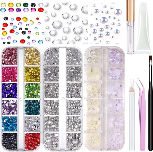 Miniatura 9 de Gemas de diamantes de imitación para el cabello con pegamento de maquillaje, parte trasera plana, joyas coloridas de cristal medio redondo perla
