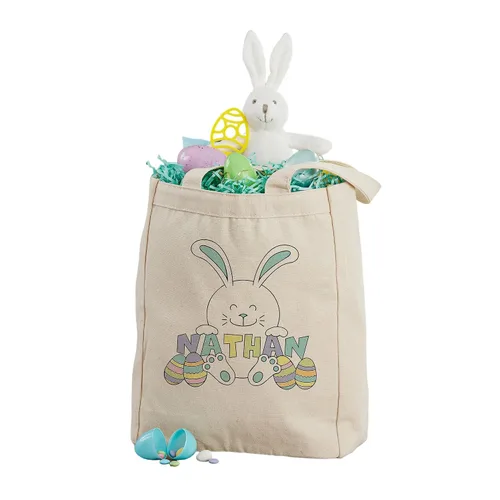 Personalization Universe Bolsas de lona personalizadas de conejo de Pascua, para la primera Pascua o búsqueda de huevos, bordadas con cualquier