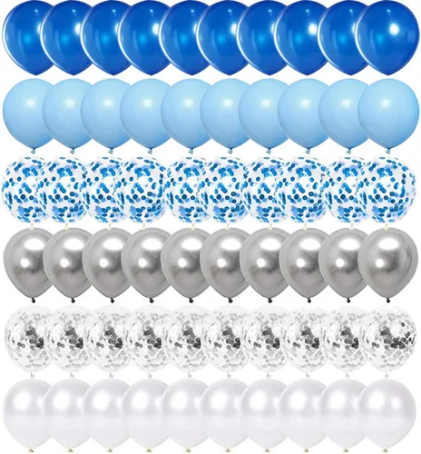 Miniatura 4 de OuMuaMua Kit de 62 globos de confeti azul, plateado y blanco, globos blancos de 12 pulgadas, globos plateados metálicos, globos de confeti plateado