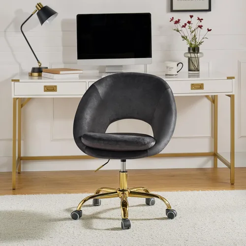Miniatura 14 de TINA'S HOME Silla de oficina moderna de terciopelo con giro ajustable, cómoda silla de escritorio tapizada con respaldo abierto, pequeña y bonita