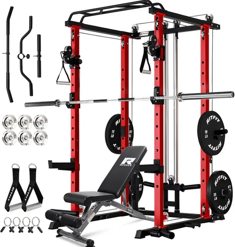 Miniatura 13 de RitFit El paquete multifunción de garaje y gimnasio en casa incluye jaula de potencia de 1200 libras PPC03/P3 con sistema de cruce de cables, banco