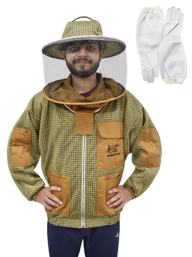 Chaqueta de abeja ultra ventilada, chaqueta de apicultura de 3 capas, resistente a las picaduras, para hombres y mujeres con un par de guantes (velo