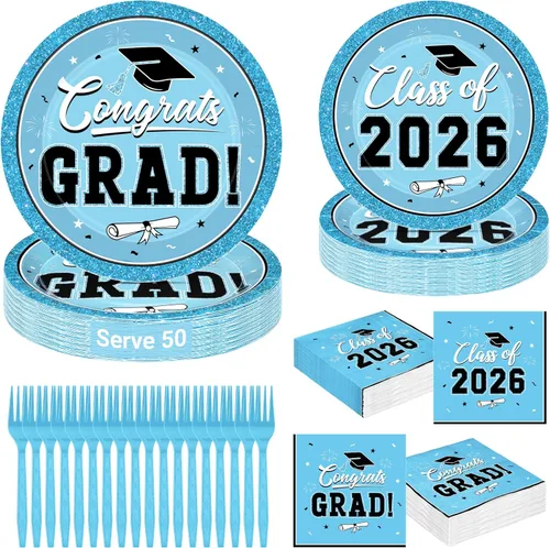 Miniatura 14 de QZYL 200 suministros para fiesta de graduación 2026, platos y servilletas de graduación negros y dorados, platos de postre desechables y tenedores