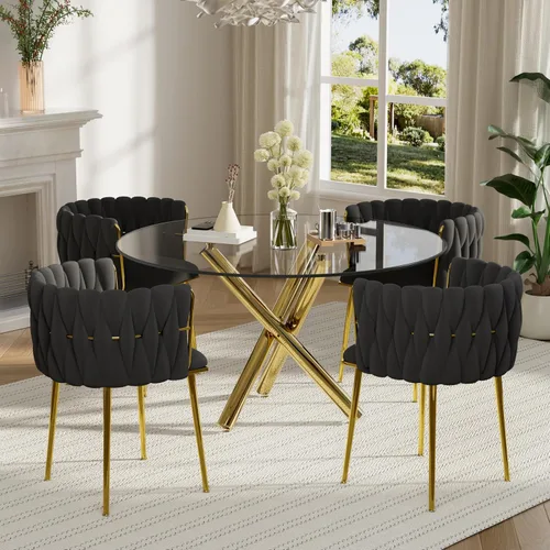 Miniatura 11 de Juego de mesa redonda dorada para 4, juego de mesa de comedor de 39'' con tapa de vidrio transparente, juego de mesa de cocina circular moderna de 5