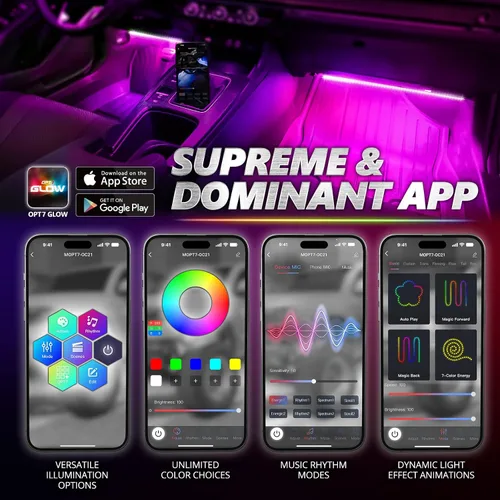 Miniatura 2 de OPT7 Aura Pro 4 piezas Tiras de luz LED dobles para interior de auto con APP y control remoto, modo multicolor, kit de iluminación de acento de neón